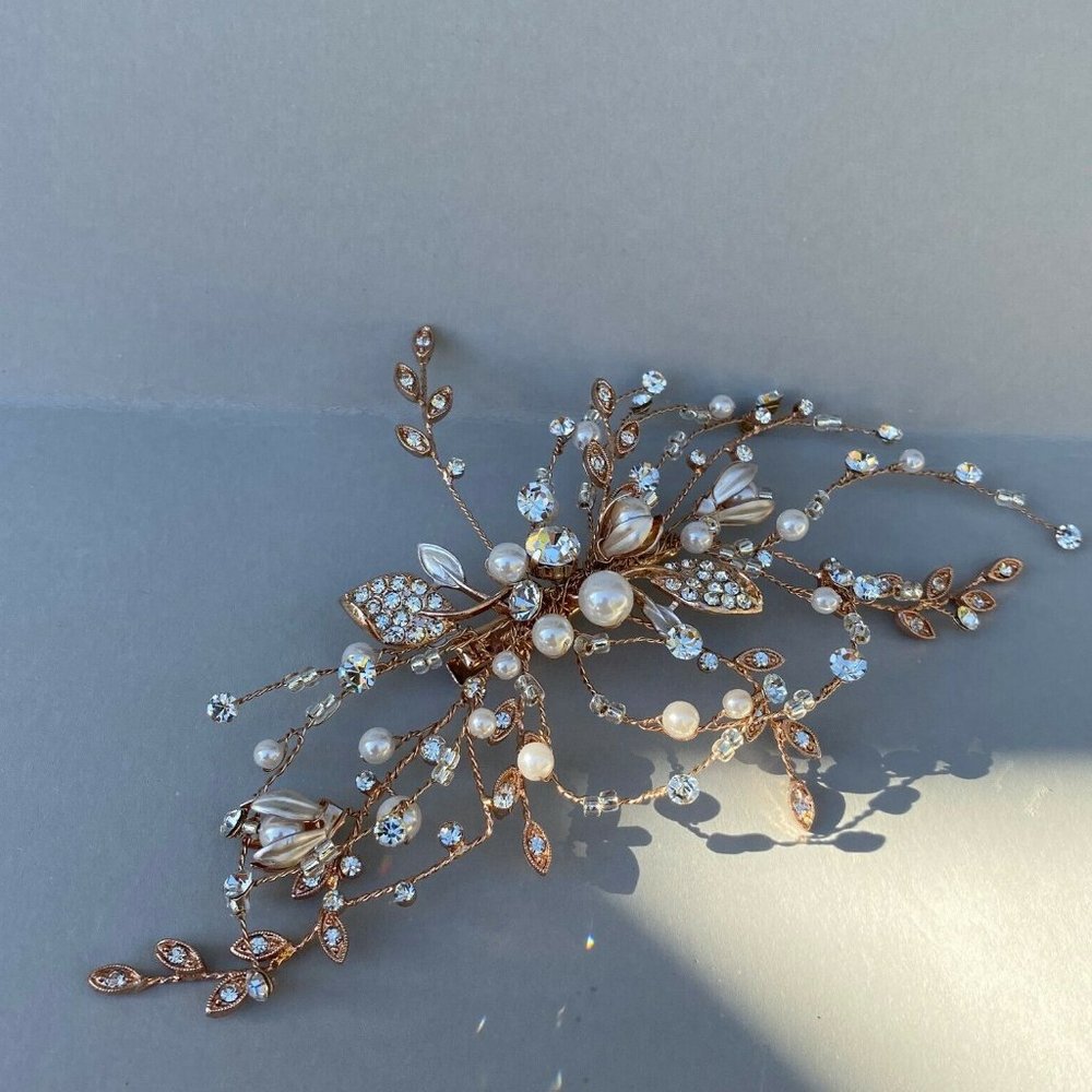 Wedding Bridal Rose Gold Crystal Pearl Hair Piece